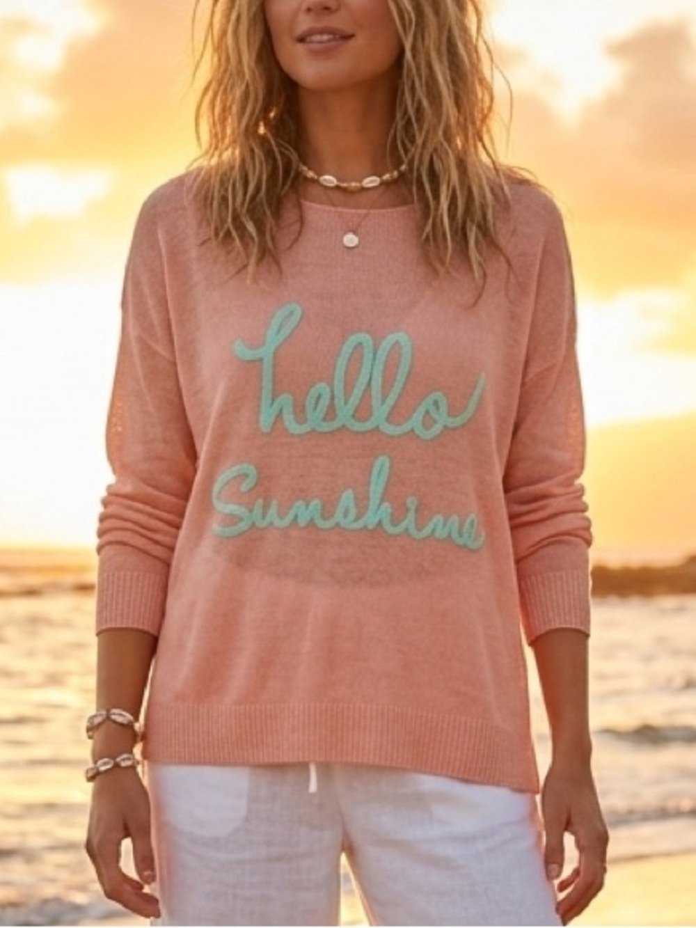 Laurie Felt Hello Sunshine Embroidery Sweater M Salmon Lightweight Summer Beach